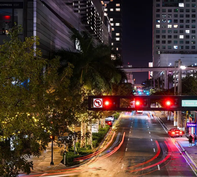 Downtown Miami at night, traffic lights and light trails