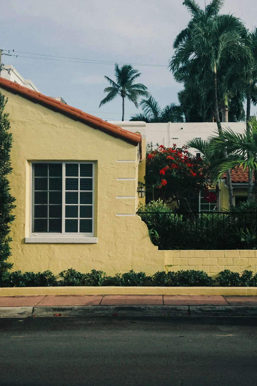 An older stucco house with a palm and bougainvillea in South Florida