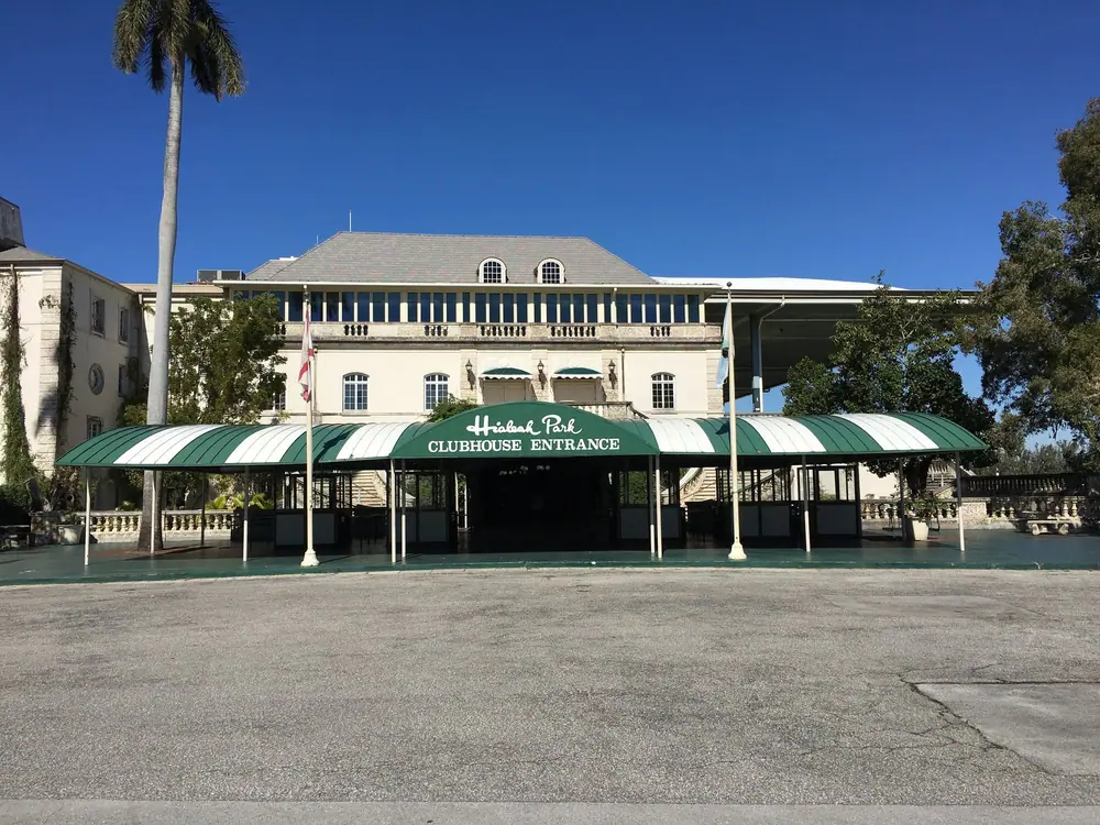 The clubhouse entrance at Hialeah Park Race Track in Hialeah, FL