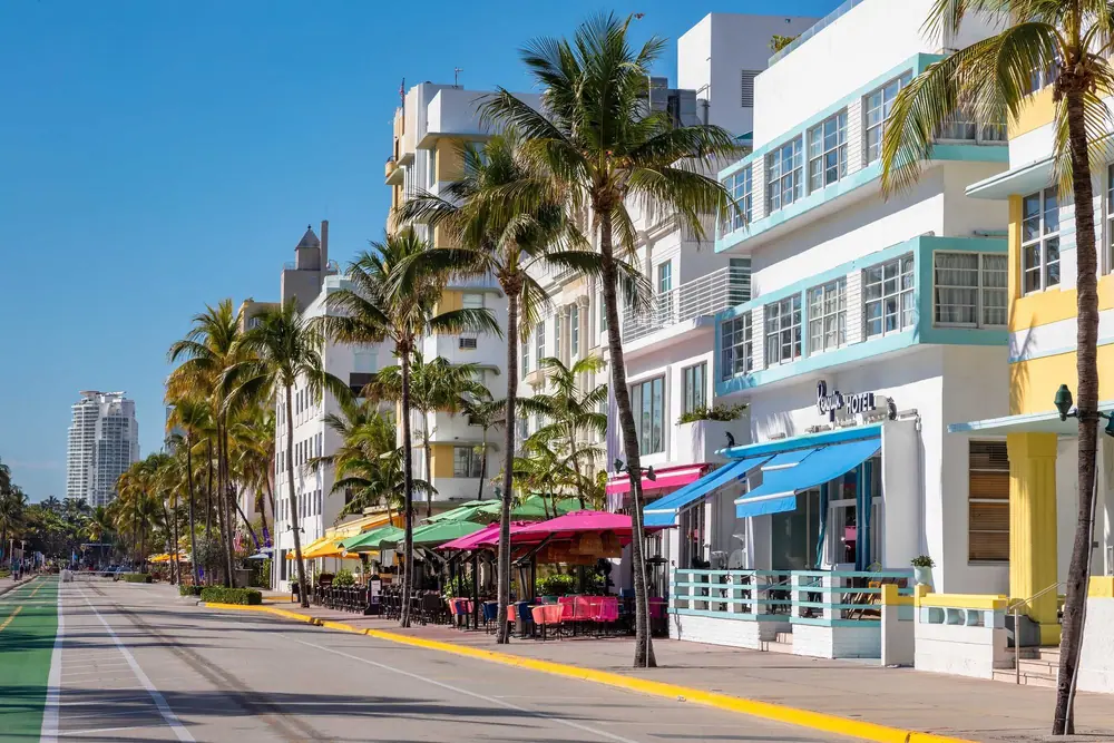Art Deco hotels and palms on Ocean Drive, Miami Beach